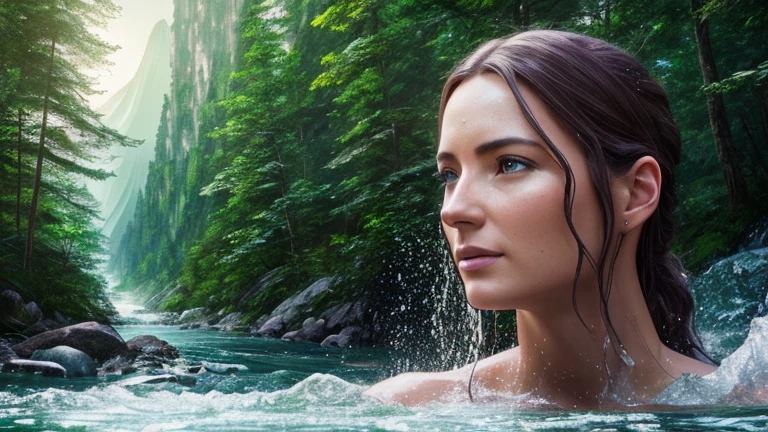 A realistic vision, 8K highres, a woman embracing a crystalline river flowing down from the mountains on the moon, a beautiful forest full of trees and lush vegetation, detailed facial features, high quality, photorealistic, cinematic lighting, vibrant colors, dramatic composition