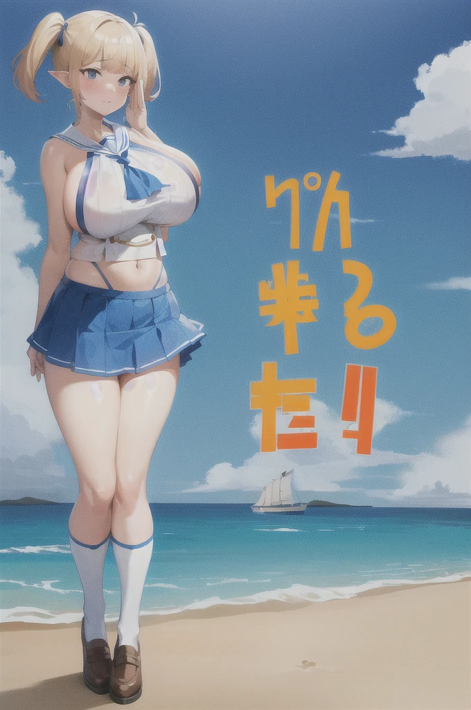 One girl,(Sailor_Dragon:1.2),skirt,(Huge breasts),(skirt:1.2),salute,Embarrassing,shy,Have,Blonde,Pointed Ears,bangs,Are standing,Outdoor,Beach,(Twin tails:1.2),High leg T-back,abdomen,Knee socks