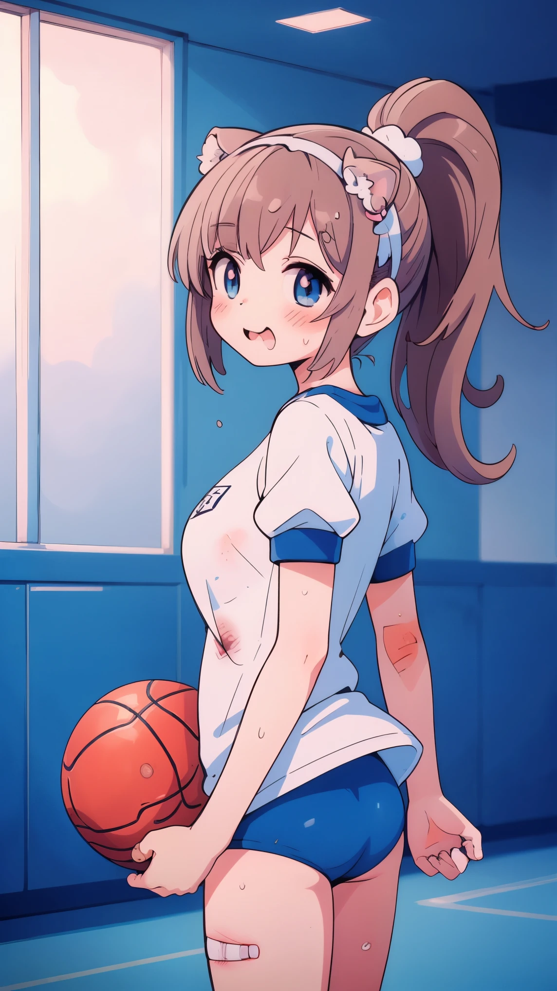 (8k, RAW photo, best quality, masterpiece, highres, absurdres, ultra detailed:1.3), (Photography, realistic, photo-realistic:1.4), (beautiful natural lighting, beautiful deatailed shadow, beautiful detailed glow :1.4), atmospheric,
BREAK 1 beautiful girl,(Cute:1.5),(Chibi:0.5),(kawaii:2),(:2), (17 yl), Very detailed, colourfull, highest details, BREAK, (Huge breasts: 1. 2), Clear skin, Beautiful skin, Shy skin,(Brown hair:1.75), (fluffy Big cat ears, Ponytail, medium-Long hair: 1. 2), (Light blue eyes, long eyelashes, Double eyelids: 1. 2),Solo,gleaming skin, Clear skin, Beautiful skin,(best quality face),(Top quality glowing eyes),(evil smile, blush :1.45), (cross wound on cheek: 1.45),BREAK
(90's gal-style makeup),lipstick,brown_cheek,(eyeline),mascara,eyeshadow,false_eyelashes,colored_contact_lenses,
BREAK
((buruma,gym uniform,taisoufuku,headband)),BREAK
((active, dynamic, energetic:1.2)),school gym,basketball court,phys ed class,BREAK
((basketball in hand, dribbling:1.3)),(jumping, leaping),sweat,determined expressions,competitive spirit,
BREAK wakame,wakame,wakame,(cowboy shot,from front:1.4), BREAK manga illustration,manga style,