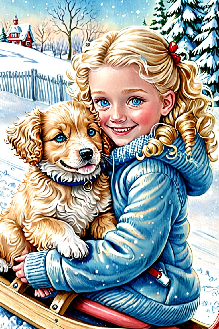 book style , little blonde girl with curly hair, light blue eyes and puppy dog, hugging, glad, smiling, na neve, on a sled, Drawn in pencil, Inspiration