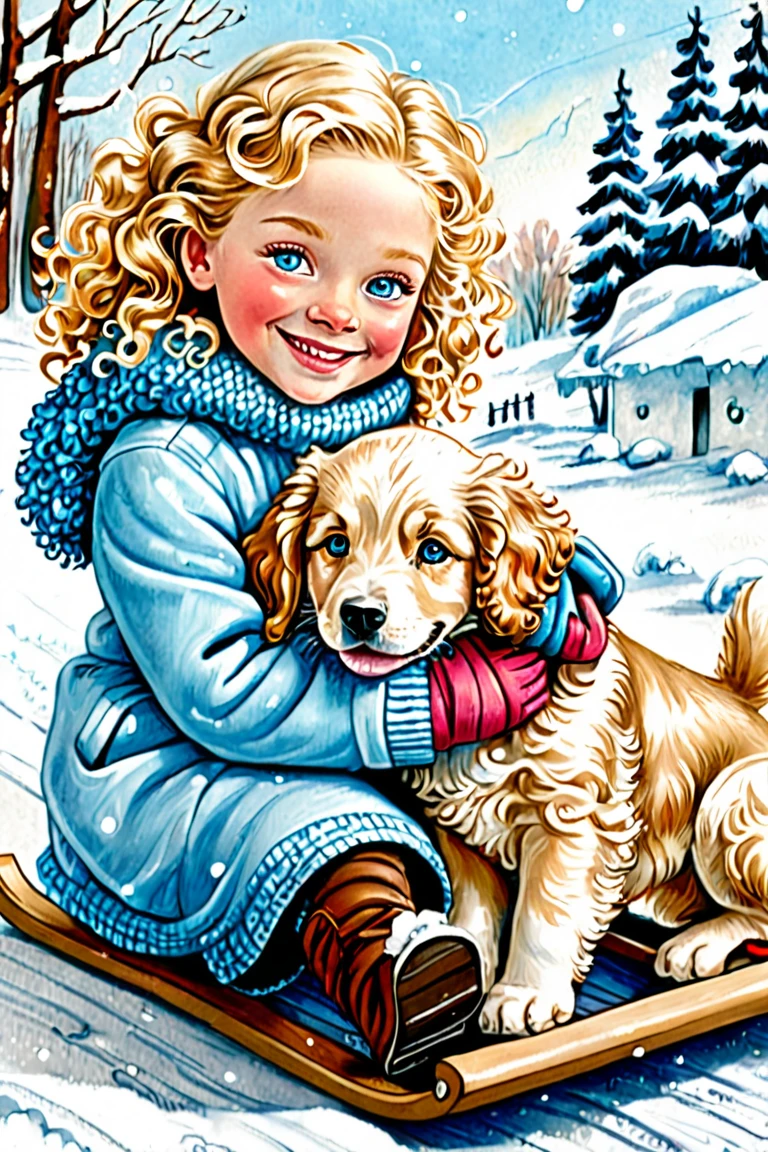 book style ,  blonde girl with curly hair, light blue eyes and puppy dog, hugging, glad, smiling, na neve, on a sled, Drawn in pencil, Inspiration