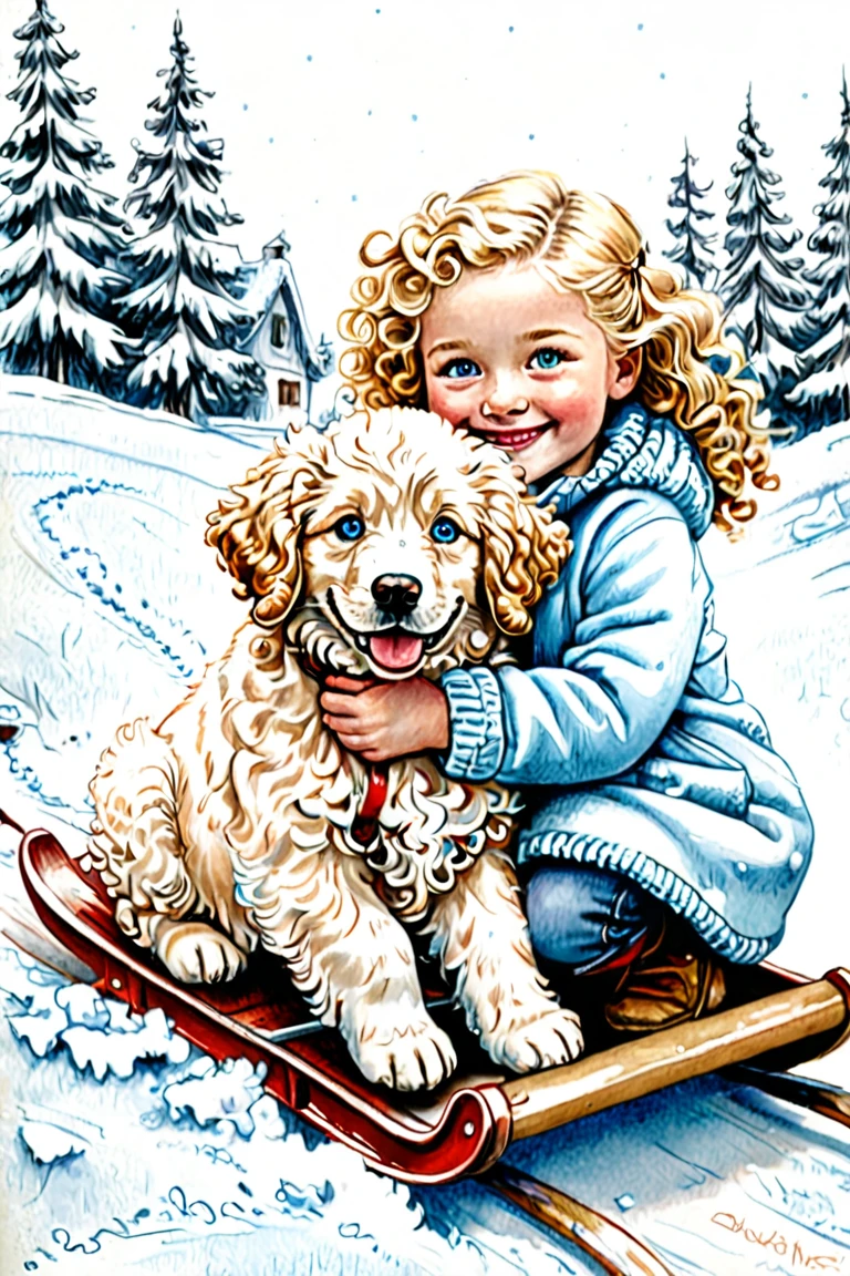 book style ,  blonde girl with curly hair, light blue eyes and puppy dog, hugging, glad, smiling, na neve, on a sled, Drawn in pencil, Inspiration