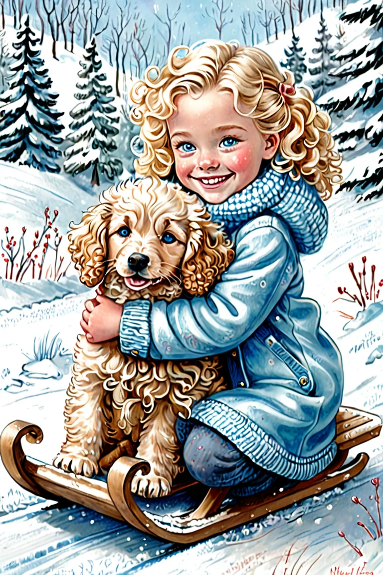 book style , little blonde girl with curly hair, light blue eyes and puppy dog, hugging, glad, smiling, na neve, on a sled, Drawn in pencil, Inspiration