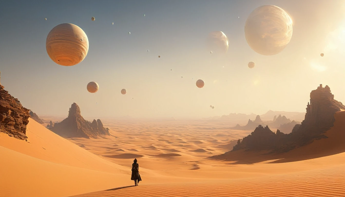 Three white balls flying in the sky above the desert, Desert Planet, inspired Jessica Rossier, Tatooine, Jessica Rossier, Floating Planet, film still from movie dune-2021, PS5 Cinematic Screen Capture, Planet in the sky, 遠く離れたDesert Planetで, Planet in the sky、I can see the rocks、coastline、I can see the waves、Girl sitting、dark、