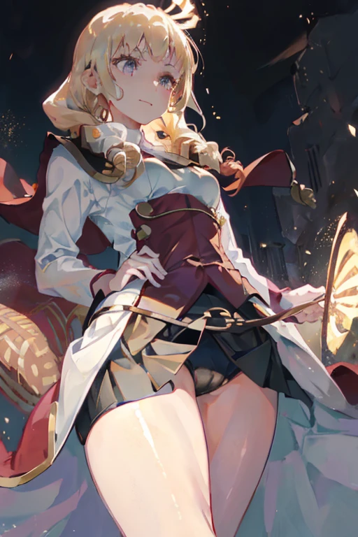 (from below:1.2),(from side:0.9), (Close-Up:0.6), highest quality、(real、photorealistic:1.4)、(RAW photo:1.2)(Curve,Model,glamor:1.5),Beautiful breasts,colour_aberration,beautiful detailed shadow,Beautiful eyes,Beautiful body,Beautiful skin,beautifull hands,(medium_breasts:1.5),1 girl in, (perky chest:1.2), (pointed chest:1.2), dark bronde hair,long hair,side ponytail,hair between eyes,bangs,Purplish brown eyes that dreamers desire, (Blonde hair) , small stature, Colossal tits, Lori, (masutepiece:1.2, Best Quality), (finely detailed beautiful eye: 1.2), (beautifull detailed face), (Best Illumination, extremely delicate and beautiful), ((Cinematic Light)), Dramatic light,Ultra Contrast、Braid a little around the ears, clavicle, red long dress、only has 5 fingers,Her pussy is visible through the see-through white thong、Wet pants、You can see inside your underwear、full of sweat、mocking look、diaper、nffsw,Arms crossed、grab the arm、Shoot from below、The angle is as seen from below.、Best Quality、Large breastuscular pussy:1.2、Pubic hair,high-level image quality、hightquality、8K,perfect hand、5 fingers、finger pin、Perfect Finger、see-through T back、Naked、noise cut、bullet hand、Her hair color should have been a brighter brown,The skirt part is also carefully expressed,brown short skirt、the skirt is floating in the wind:1.3、see-through purple panties、Pubic hair majority,(with sparkling eyes and a contagious smile),her thin pubic hair:1.2, looking at viewer