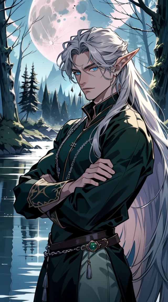 mature man, male age, ((Male)), Masterpiece, Best quality, Realism, 1 man, ((green long hair)), tousled hair, purple eyes, black clothes, closed clothes, fantasy clothes, classic fantasy costume, long pointed ears, elven ears, silver jewelry, strong body, detailed eyes, detailed hands, detailed body, dark forest, moon, lake in the background