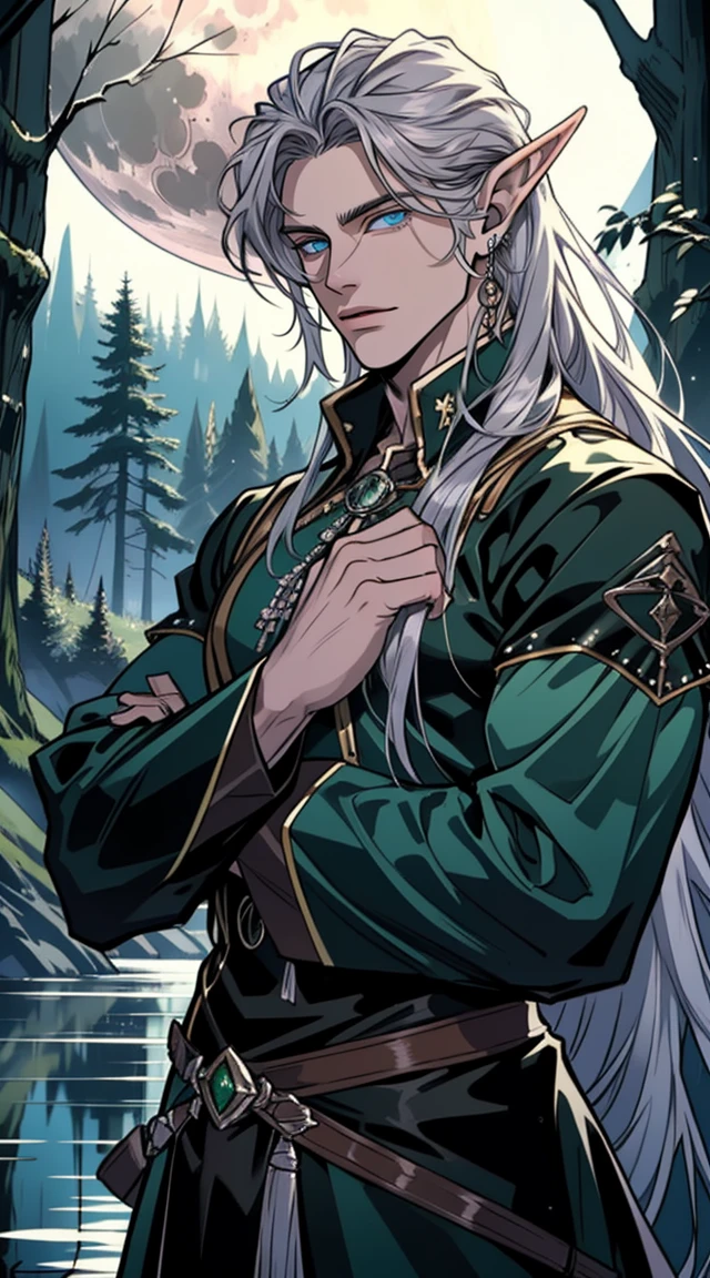 mature man, male age, ((Male)), Masterpiece, Best quality, Realism, 1 man, ((green long hair)), tousled hair, purple eyes, black clothes, closed clothes, fantasy clothes, classic fantasy costume, long pointed ears, elven ears, silver jewelry, strong body, detailed eyes, detailed hands, detailed body, dark forest, moon, lake in the background