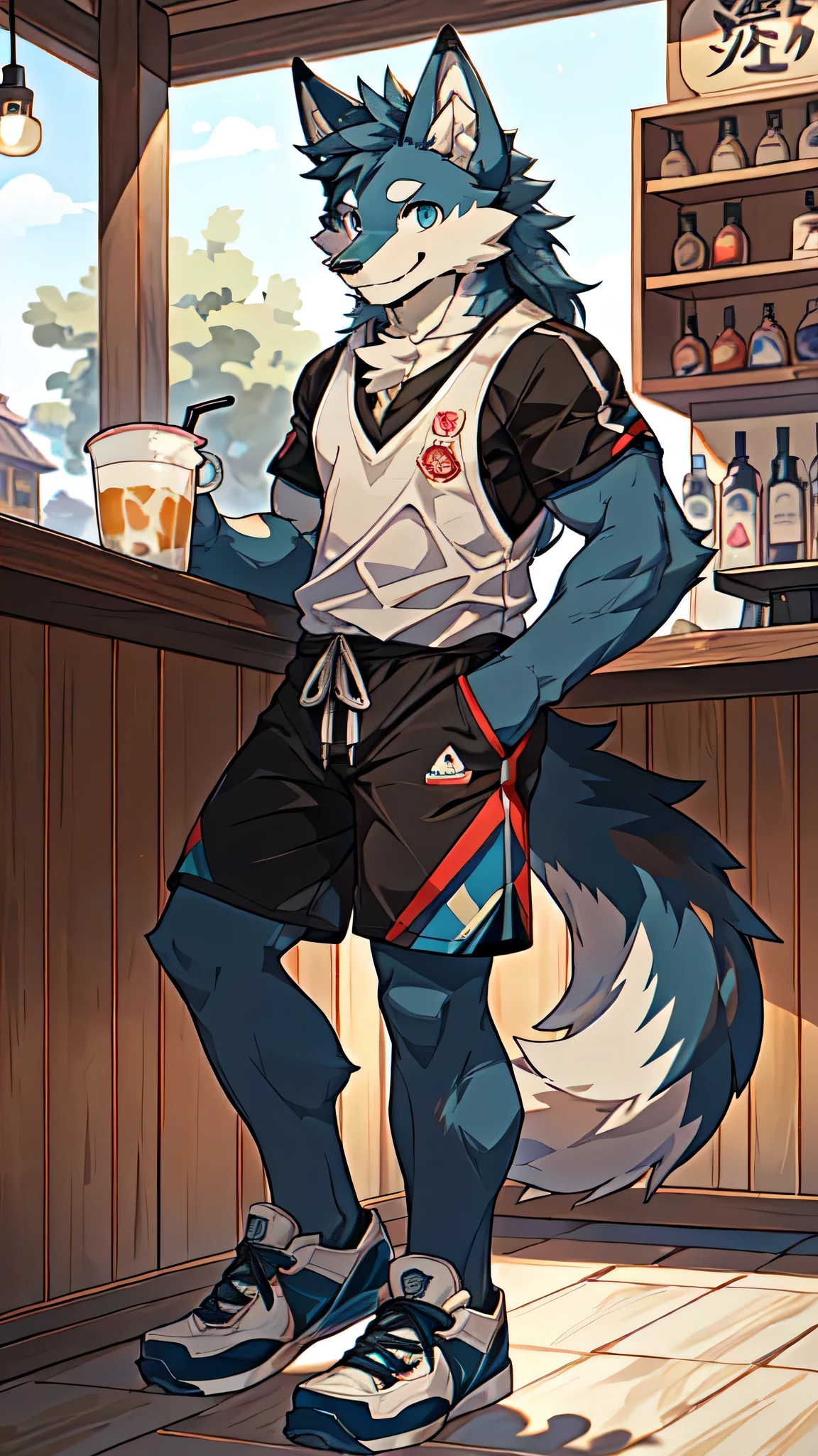 Sunlight,high resolution,4K,gay,(((whole body:1.1))),masterpiece,high quality,Brave and bold,((Wolf)),male,(((Milk tea shop,Sit at the bar))),WolfFurry,(juvenile),hairy,((Lovely,Smiling face,Long hair)),((peaceful,Gentle)),(((Well-proportioned body,Small ears,Well-proportioned limbs,Wolf Tail:1.2,Meat pad))),(((Green ears:1.5,Dark blue head,Dark blue back,Dark blue limbs,Brown chest,brown abdomen,Blue pupils,Pink Meat Pad))),(((Red and black sports shorts,Blue sneakers:1.3))),Delicate face,Exquisite eyes,Detailed body,Detailed hands,Detailed feet