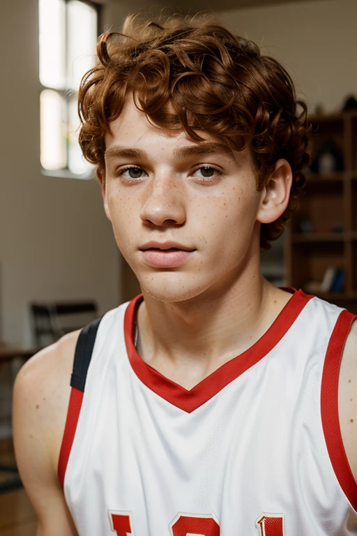Chibo 19-year-old basketball player, redhead with curly hair with bowlc cut, with freckles because he touches his face handsome