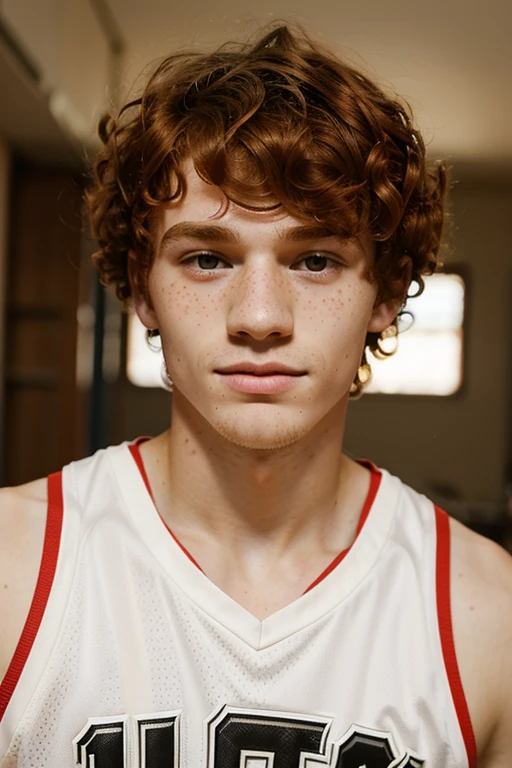 Chibo 19-year-old basketball player, redhead with curly hair with bowlc cut, with freckles because he touches his face handsome