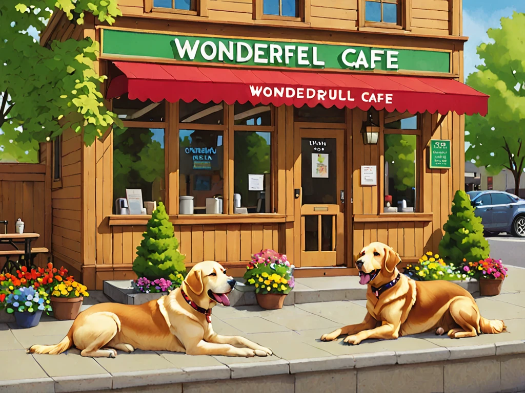 Here is the updated English prompt for an image generation AI to create the exterior view of the therapy dog CAFE "Wonderful Wanda" with the requested dog breeds:

Please generate an exterior view of the therapy dog CAFE "Wonderful Wanda".

Building:
- A warm, wooden building
- Brown, wood-grain exterior
- Green trees surrounding the building

Signage:
- Colorful signs hanging on the building
- The cafe's name, "Wonderful Wanda," is written on the signs
- The signs use vibrant colors such as red, blue, and yellow

Entrance:
- Two therapy dogs, a Labrador Retriever and a Standard Poodle, are sitting and greeting customers
- The dogs have friendly expressions and are wagging their tails

Other details:
- A water fountain for dogs and benches around the building
- Flower beds and green spaces in front of the cafe
- Sunlight warmly illuminating the building

Overall atmosphere:
- Convey the impression of a warm, inviting cafe where people can interact with therapy dogs
- The wooden building, colorful signage, and welcoming therapy dogs at the entrance create a space of healing and relaxation