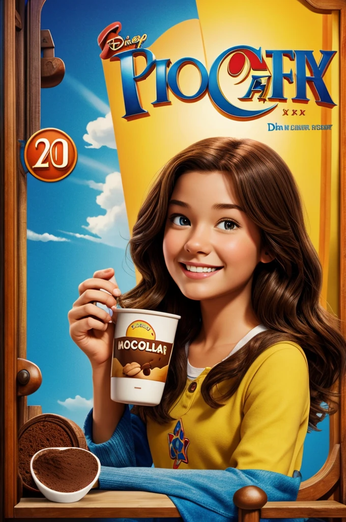 A disney pixar movie poster with a girl with brown hair and cocoa in her hand 