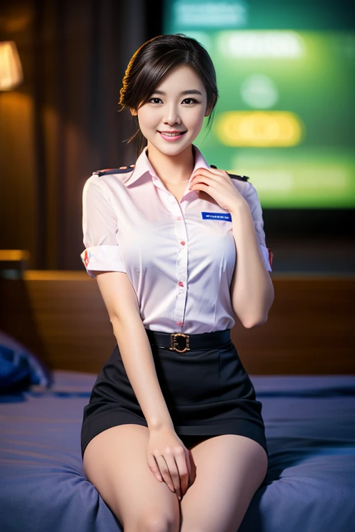 a gorgeous lady,  21, Flight Attendant uniform, Shenzhen Airlines Stewardess, wet white shirt and pink mini-skirt, natural pose, sitting on bed, dimpled smile, short ponytail hair, short bob hair, cute snaggletooth, well-endowed round bosom, long flawless legs, photorealistic, beautiful detailed eyes, beautiful detailed face, hyper-realism, high contrast, ultra HD, realistic skin textures, top image quality, top-quality, super high resolution, fine details, very meticulously, full body shot, dark bokeh night background