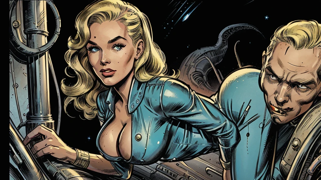 1950s retro comic, scifi, slender hot blonde space girl (realistic proportions), tight jumpsuit, cleavage, she looks at the camera, background: tentacled monster, terrible monster, scary monster
