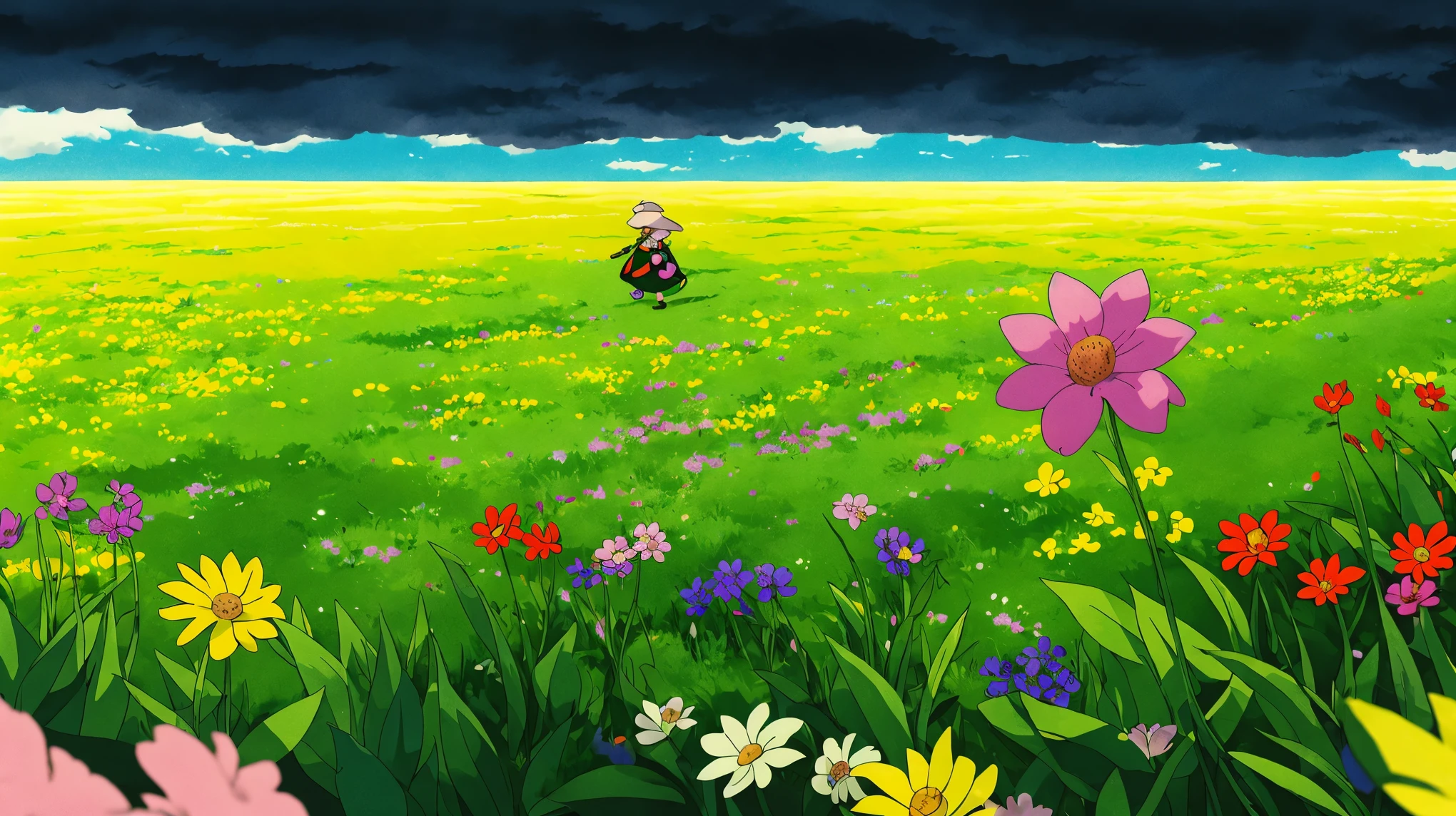 A vibrant flower blooms on the dirty ground of a large gray avenue. A crowd of gray, soulless people crosses the streets. A colorful , glowing with bright hues, stands protectively over the flower, protecting it with her little hands and determined eyes. Sunlight breaks through the dark clouds. Studio Ghibli style