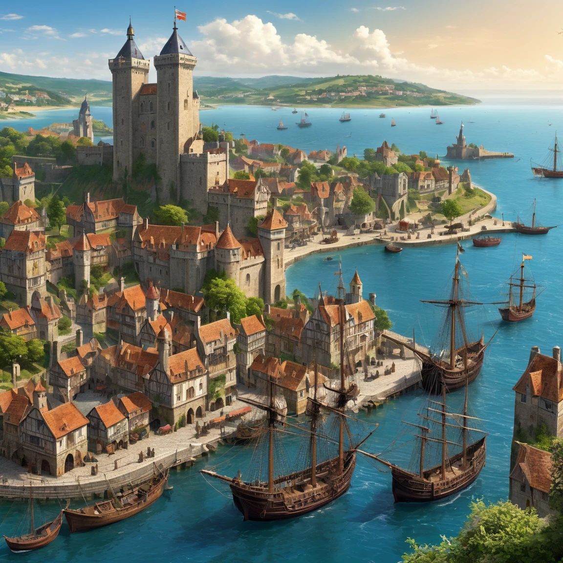 (best quality)), ((masterpiece)), ((realistic,digital art)), (super detailed), (giganstesque port de commorece avec de nombreux quais), (medieval style), vast zone of which, ocean, more, ships sailing out to sea