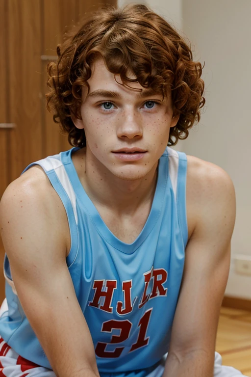 Chibo 19-year-old basketball player, redhead with curly hair with bowlc cut, with freckles because he touches his face handsome, with light blue eyes