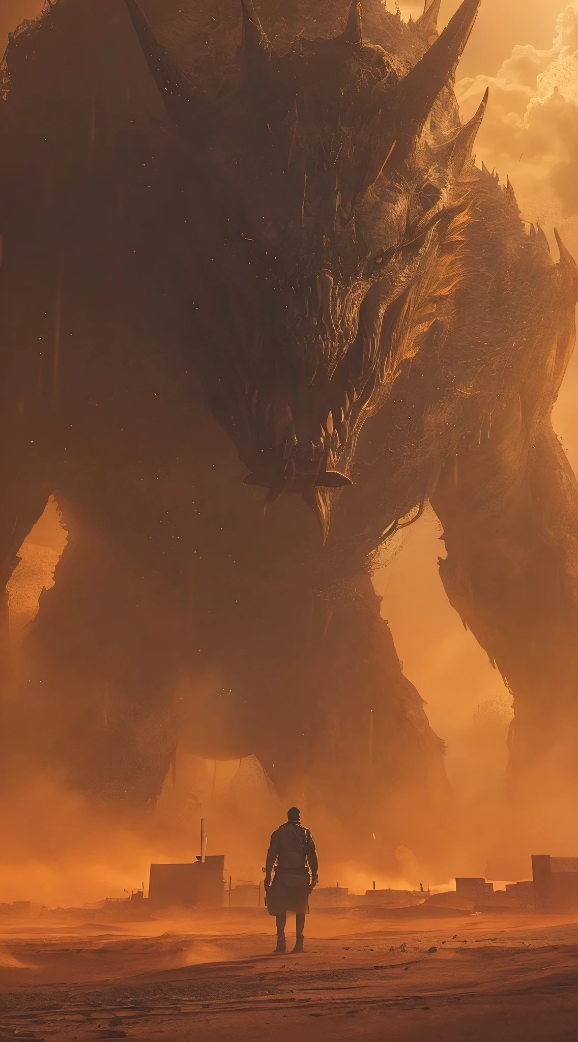 A huge infernal creature, desert storm, small city in danger, cinematic, dark fantasy, dramatic lighting, volumetric fog, epic scale, intricate details, vibrant colors, highly detailed, photorealistic, (best quality,4k,8k,highres,masterpiece:1.2),ultra-detailed,(realistic,photorealistic,photo-realistic:1.37)