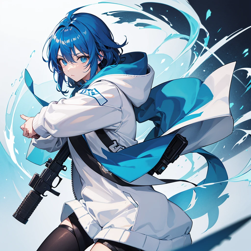 An anime character wearing a white hoodie with blue trim and a gun
