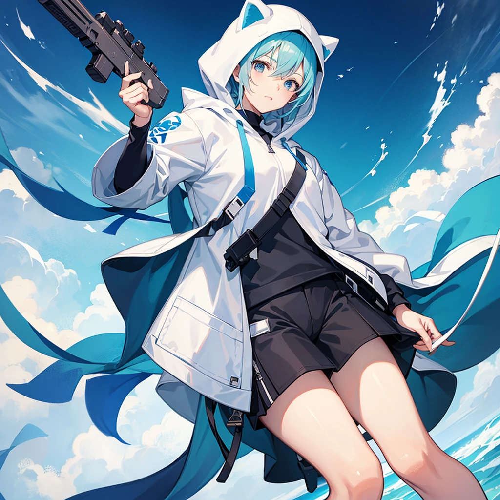 An anime character wearing a white hoodie with blue trim and a gun