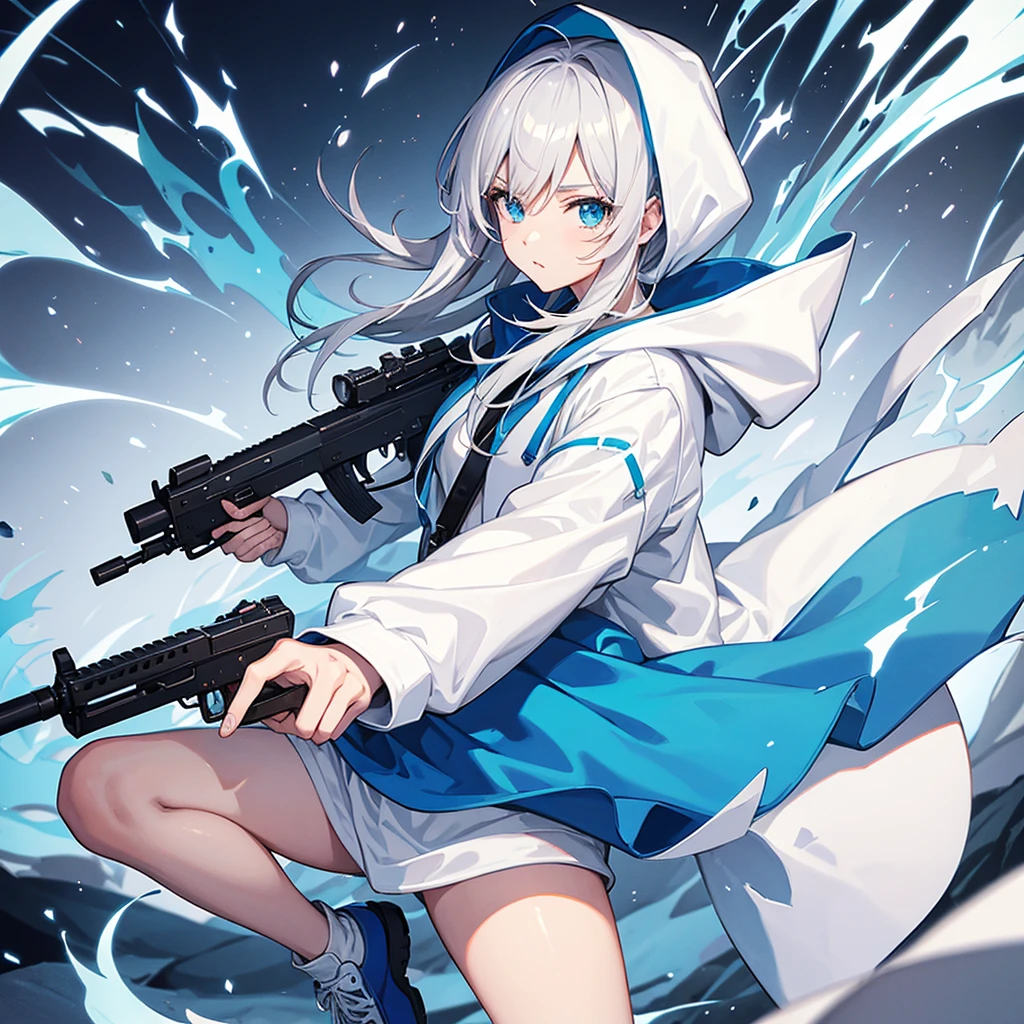 An anime character wearing a white hoodie with blue trim and a gun