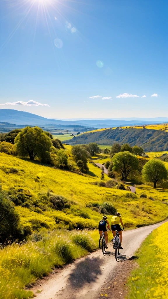 Ultra realistic image 4k high resolution long distance camera several cyclists wearing yellow and black cycling clothes riding yellow and black mountain bikes Cycling along the road on a sunny morning In the background the image landscapes of trees grasses plants Sunny blue sky Image which is tall brightness high saturation auto contrast