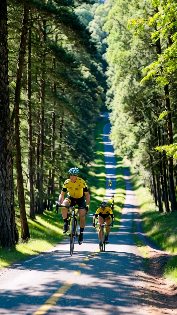 Ultra realistic image 4k high resolution long distance camera several cyclists wearing yellow and black cycling clothes riding yellow and black mountain bikes Cycling along the road on a sunny morning In the background the image landscapes of trees grasses plants Sunny blue sky Image which is tall brightness high saturation auto contrast