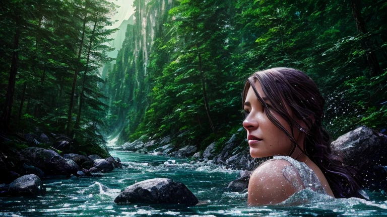 A realistic vision, 8K highres, a woman embracing a crystalline river flowing down from the mountains on the moon, a beautiful forest full of trees and lush vegetation, detailed facial features, high quality, photorealistic, cinematic lighting, vibrant colors, dramatic composition