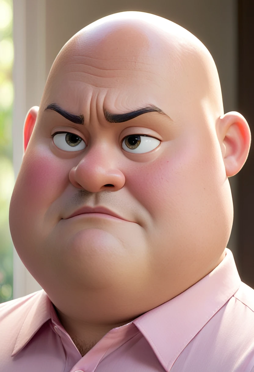 Create a Disney Pixar-style character of a 45-year-old man, baldie, plumpness, chubby cheeks, chin hole, light pink dress shirt, Looking at the camera seriously, halfbody, foto perfil, commercial shot., face is brightly lit