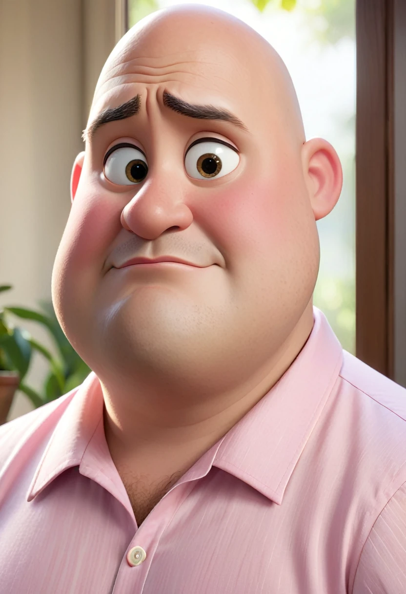 Create a Disney Pixar-style character of a 45-year-old man, baldie, plumpness, chubby cheeks, chin hole, light pink dress shirt, Looking at the camera seriously, halfbody, foto perfil, commercial shot., face is brightly lit
