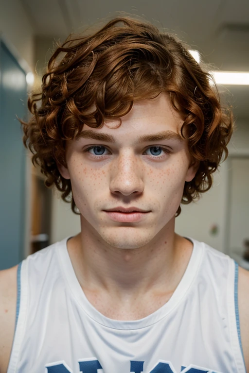 19 year old basketball boy, redhead with curly hair with bowlc cut, with freckles because he touches his face handsome, with light blue eyes, and quite white