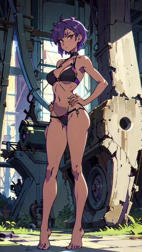 Masterpiece, best quality, Masterpiece, best quality, 1 woman, Tanned skin , purple short hair , purple hair. , sly face , black lace bikini , big breasts , abdomen , Long legs , Put your hands on your hips.. , Barefoot , full body , abandoned factory ,