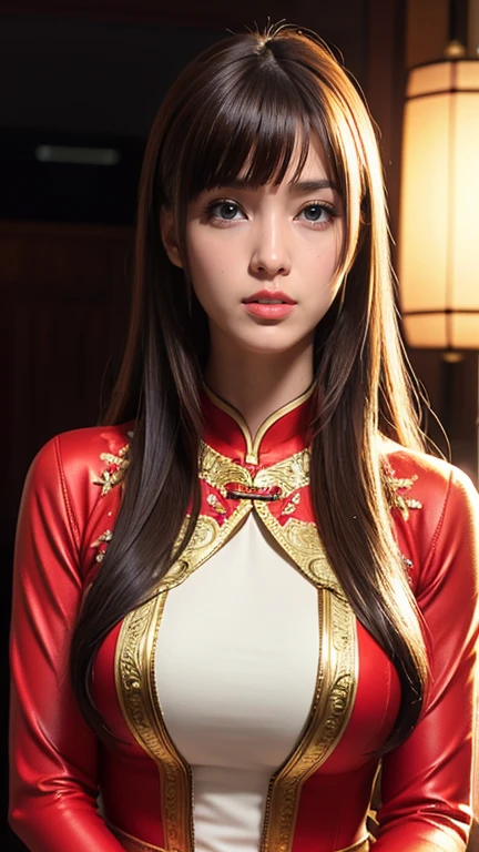 One girl, highest quality、masterpiece、超A high resolution、(Cowboy Shot),(Realistic), (Ultra-realistic), (Ultra-high resolution), (Ultra high definition), (One girl), ((Ultra-Realistic Details)),(Photorealistic:1.4)Beautiful Face, Cute face, 、RAW Photos, highest quality,masterpiece,highest quality,Ultra-high resolution),Best Images, (8k, RAW Photos, Realistic), A neat and beautiful Japanese woman, Rainbow light brown straight hair, Big, shining blue eyes, Long eyelashes, double eyelid, Half-open crimson seductive moist big thick lips, Large Breasts, Sideboob, Down , Abdominal muscles, thin, Perfect Proportions, whole body, Black ao dai with gold embroidery, blurred background red