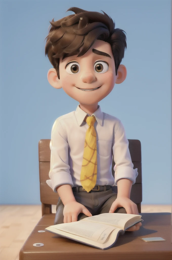 masterpiece, Best Quality, a 6 year old boy reading a book, wearing a white shirt and a blue tie, sitting with a yellow background.