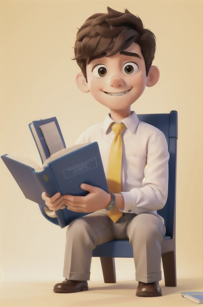 masterpiece, Best Quality, a 6 year old boy reading a book, wearing a white shirt and a blue tie, sitting with a yellow background.