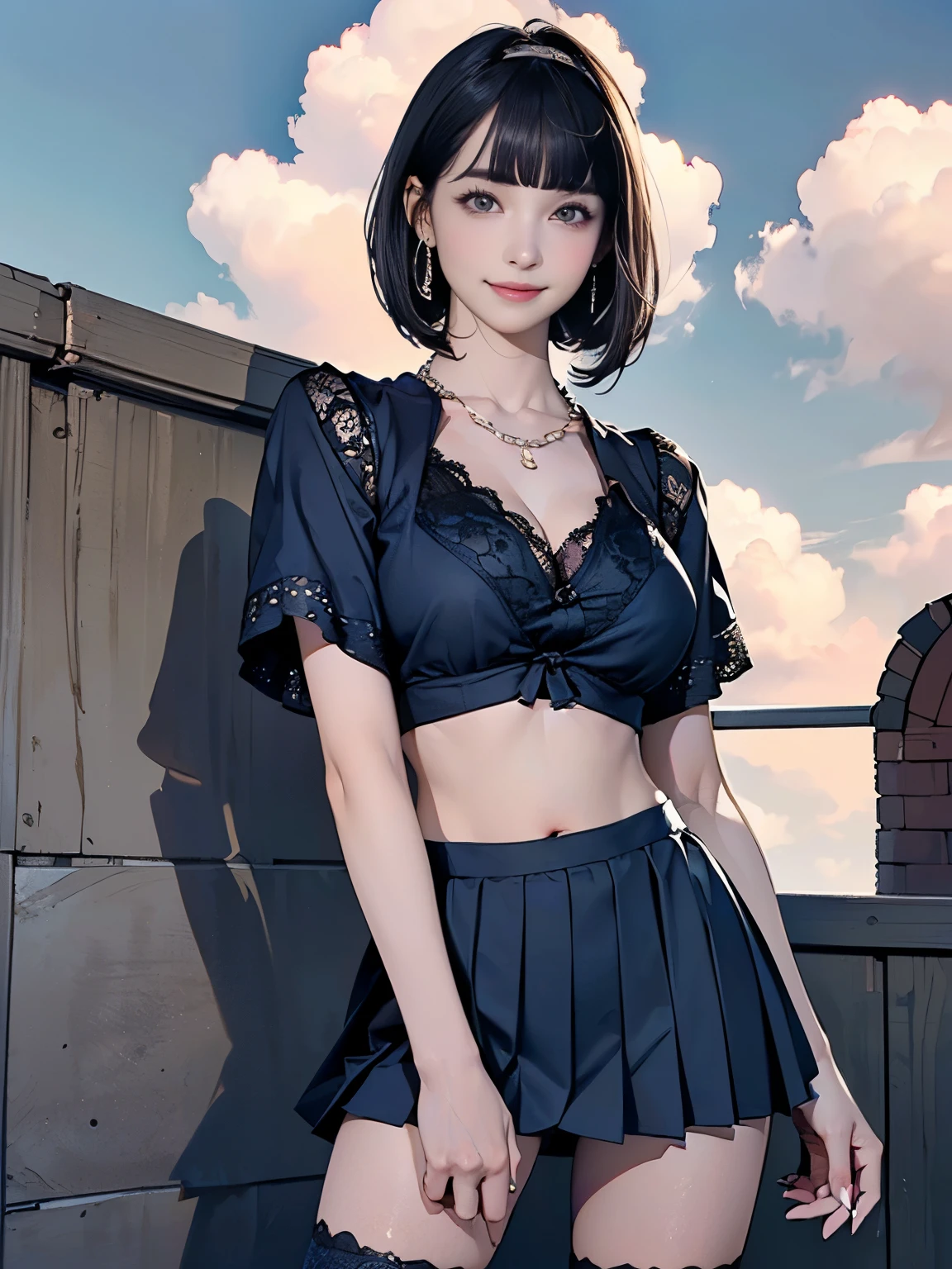((((Highest quality))))、(((Ultra-precision CG16K wallpaper)))、(((masterpiece)))、(((Super detailed)))、(((Extreme detail)))、((1Mature 29 year old woman:1.6))、((Very beautiful Japan face of a person))、((Urizane Face:1.8))、((Short bob straight hair、blunt bangs:1.8))、(Shiny Hair)、A delicately drawn beautiful face、Dark Eyes、double eyelid、High nose、Small nostrils、Small Mouth、Seductive lips、Beautiful breasts、((C cup size breasts))、Cleavage、Beautiful feet、eight-headed body、Perfect proportions、Perfect Anatomy、Perfect composition、Beautiful detailed shading、Beautiful, natural lighting、Beautiful detail glow、Depth of written boundary、(((High chroma)))、(((Real:1.9)))、((vivid:1.5))、((Beautiful Skin))、((Skin Texture))、((Realな皮膚感))、(((Cowboy Shot:1.6)))、((front view、shoot from front、front low angle:1.6))、(((smile:1.7)))、((The woman is looking at this、looking at viewer:1.6))、Bright daylight、Natural light、(((Rooftop、cloud:1.5)))、(Gravure idol walking pose:1.6)、(((Navy blue lace blouse&Low-rise pleated mini skirt:1.6)))、((hair band、Chain Necklaces、Wearing earrings:1.5))、((Knee socks clothing:1.5))、
