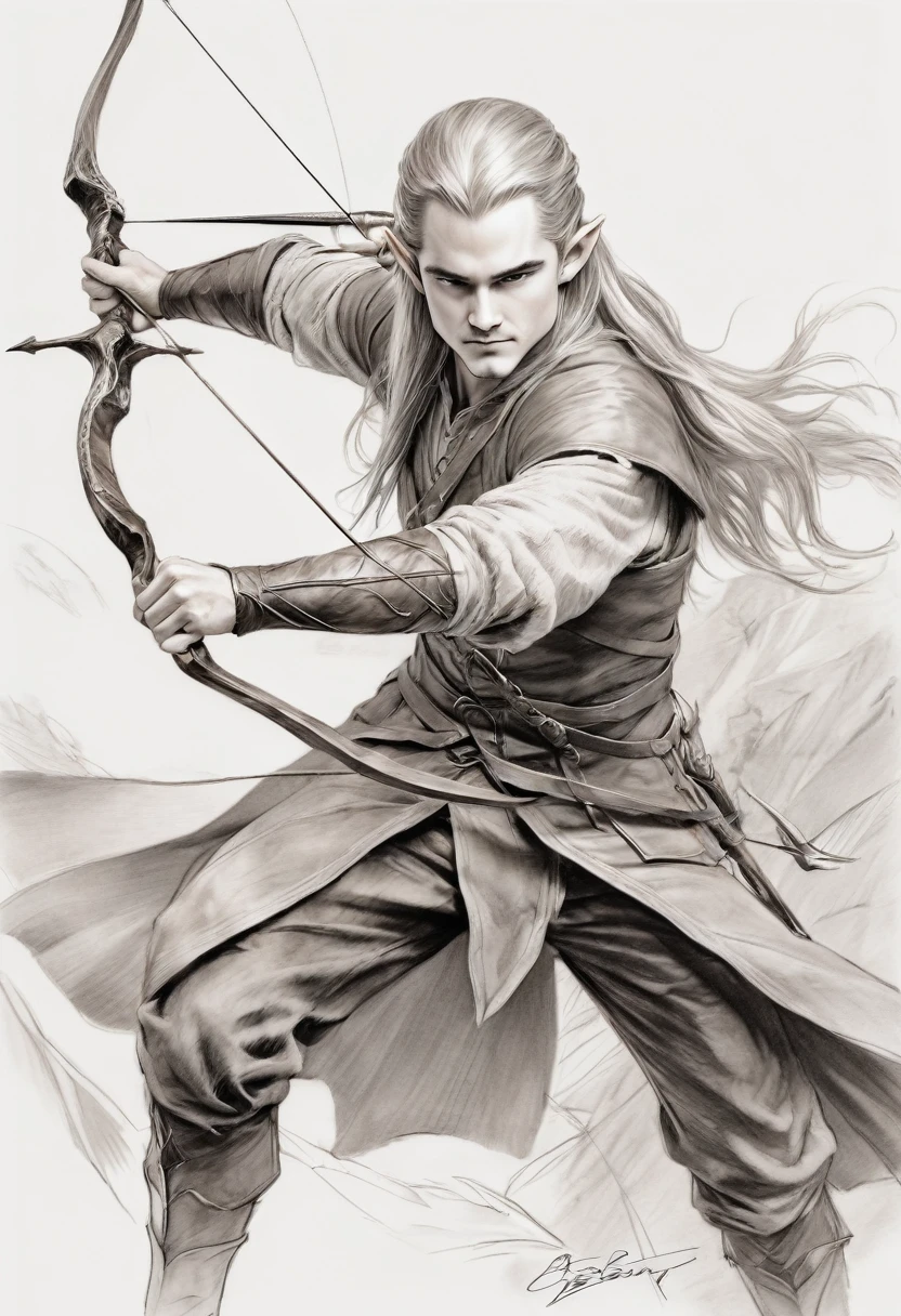 Anime line art of Legolas from The Lord Of The Rings trilogy, in dynamic pose, by Anna Razumovskaya, sketch, best quality, masterpiece, very aesthetic, perfect composition, intricate details, ultra-detailed, B&W