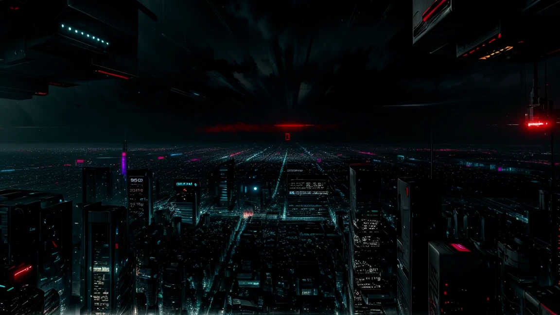 (Tech Black, dystopia:1.2), Overcrowded cities, lights ble and red, captivating beauty, masterpiece, highest quality, realistic digital art, detailed background, 8k wallpaper