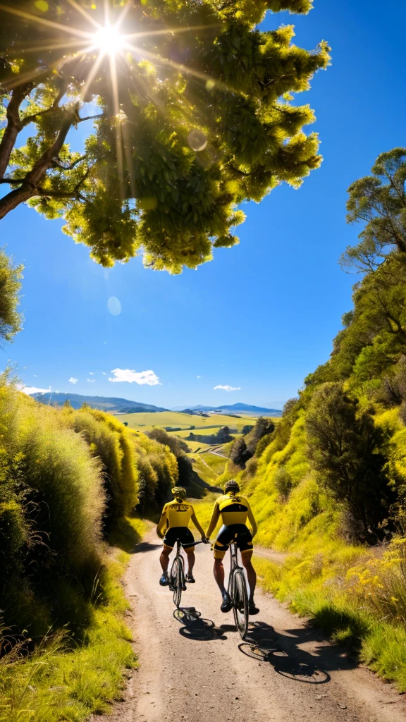 Ultra realistic image 4k high resolution long distance camera several cyclists wearing yellow and black cycling clothes riding yellow and black mountain bikes Cycling along the road on a sunny morning In the background the image landscapes of trees grasses plants Sunny blue sky Image which is tall brightness high saturation auto contrast