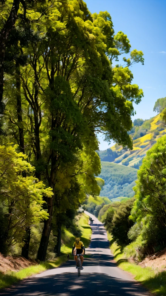 Ultra realistic image 4k high resolution long distance camera several cyclists wearing yellow and black cycling clothes riding yellow and black mountain bikes Cycling along the road on a sunny morning In the background the image landscapes of trees grasses plants Sunny blue sky Image which is tall brightness high saturation auto contrast