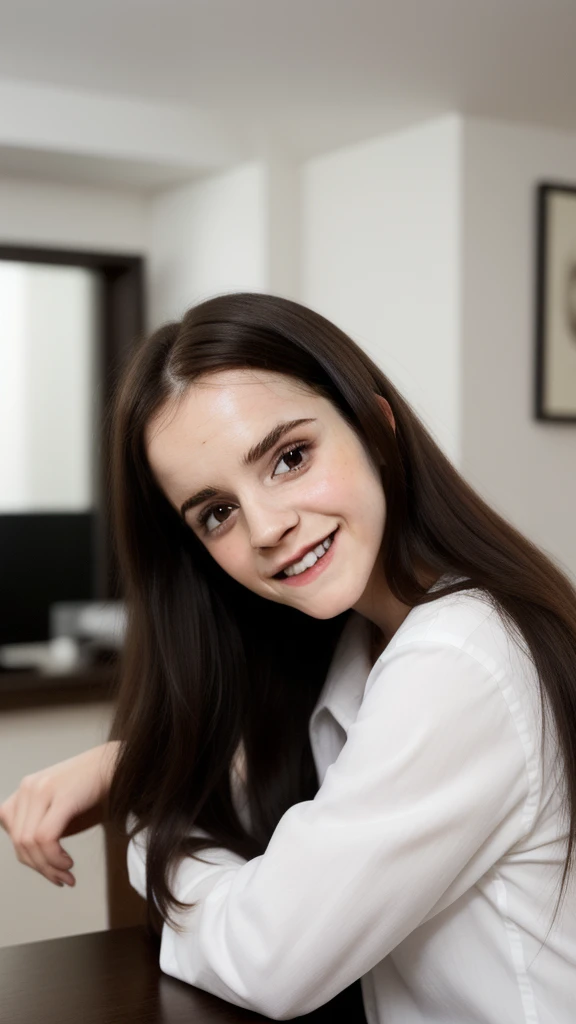 a woman at home, long black hair, wearing white shirt, smile, cute face, closeup Emma Watson