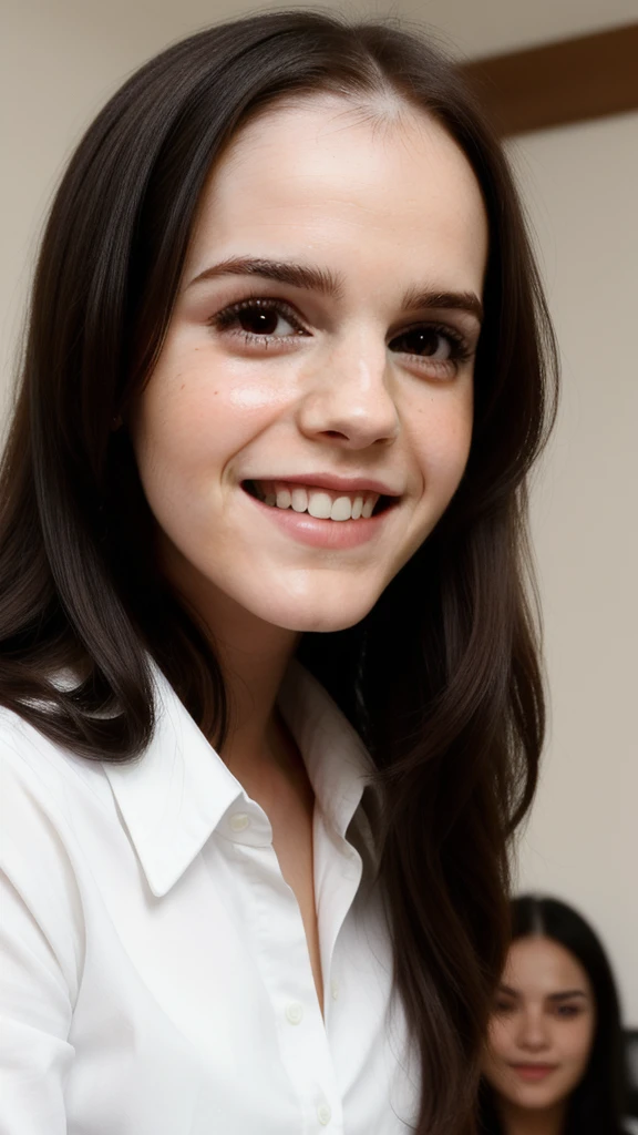 a woman at home, long black hair, wearing white shirt, smile, cute face, closeup Emma Watson