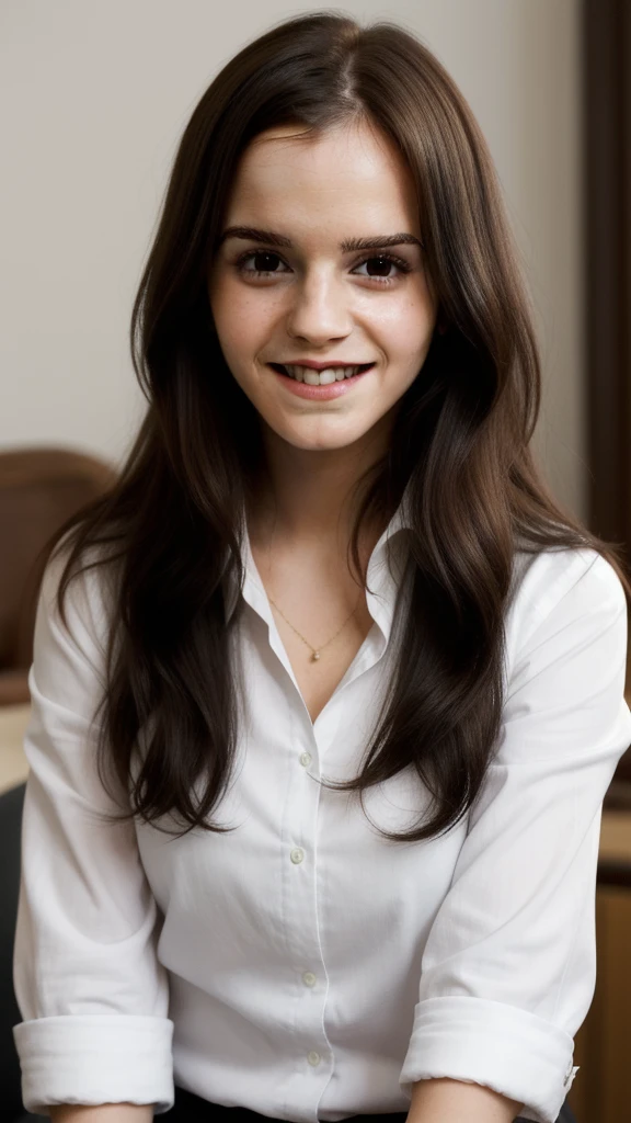 a woman at home, long black hair, wearing white shirt, smile, cute face, closeup Emma Watson