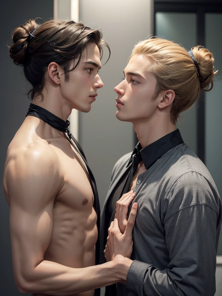 Two twin male characters wearing a gray , that one has hair up to his shoulders and the other up to the nape of his neck with honey-colored eyes