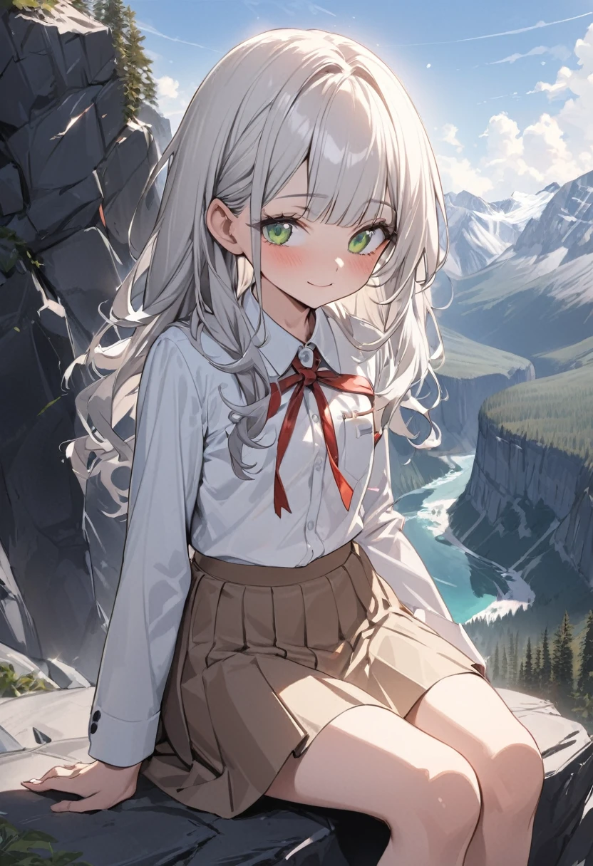 ((Masterpiece)), ((best quality)), (Anime:1.3), (super detail:1.2), (High Definition:1.3), (Professional Photography:1.3), (wide shot), (sharp focus), (perfect light), (()), (Healthy slim body), 8K, Textured skin, cinematic lighting, (1girl), short stature, ((cute teenage younrl)), (loose blunt bangs), slightly loose curls hair, (breasts length hair), pale silver hair, (innocent smile), (cute green eyes), drooping eyes, slender waist, (pale Ivory color blazer student's uniform), (white blouse), put on red string ribbon, (brown skirt), BREAK, ((best quality)), (super detail:1.2), sunnyday, Beautiful Cliffs over 100 meters above sea level, (Relaxed sitting on the edge of great rock), ((Canadian Rockies)), summerday, Beautiful Mountains Background,