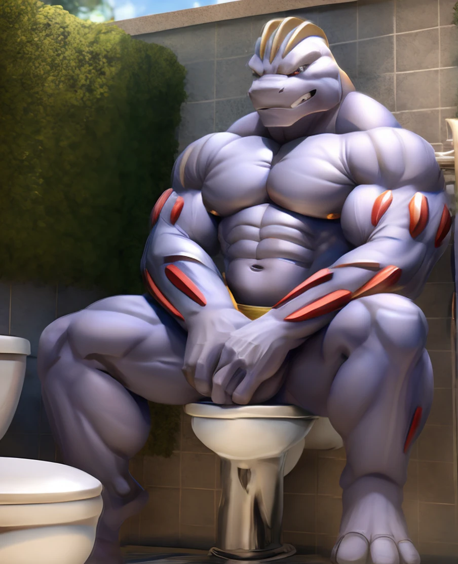 Machoke (Pokemon), Male machoke, spreading legs, covering crotch, massive crotch bulge, looking at crotch, clenched teeth, outside bathroom, red spandex pants, needs to use bathroom.