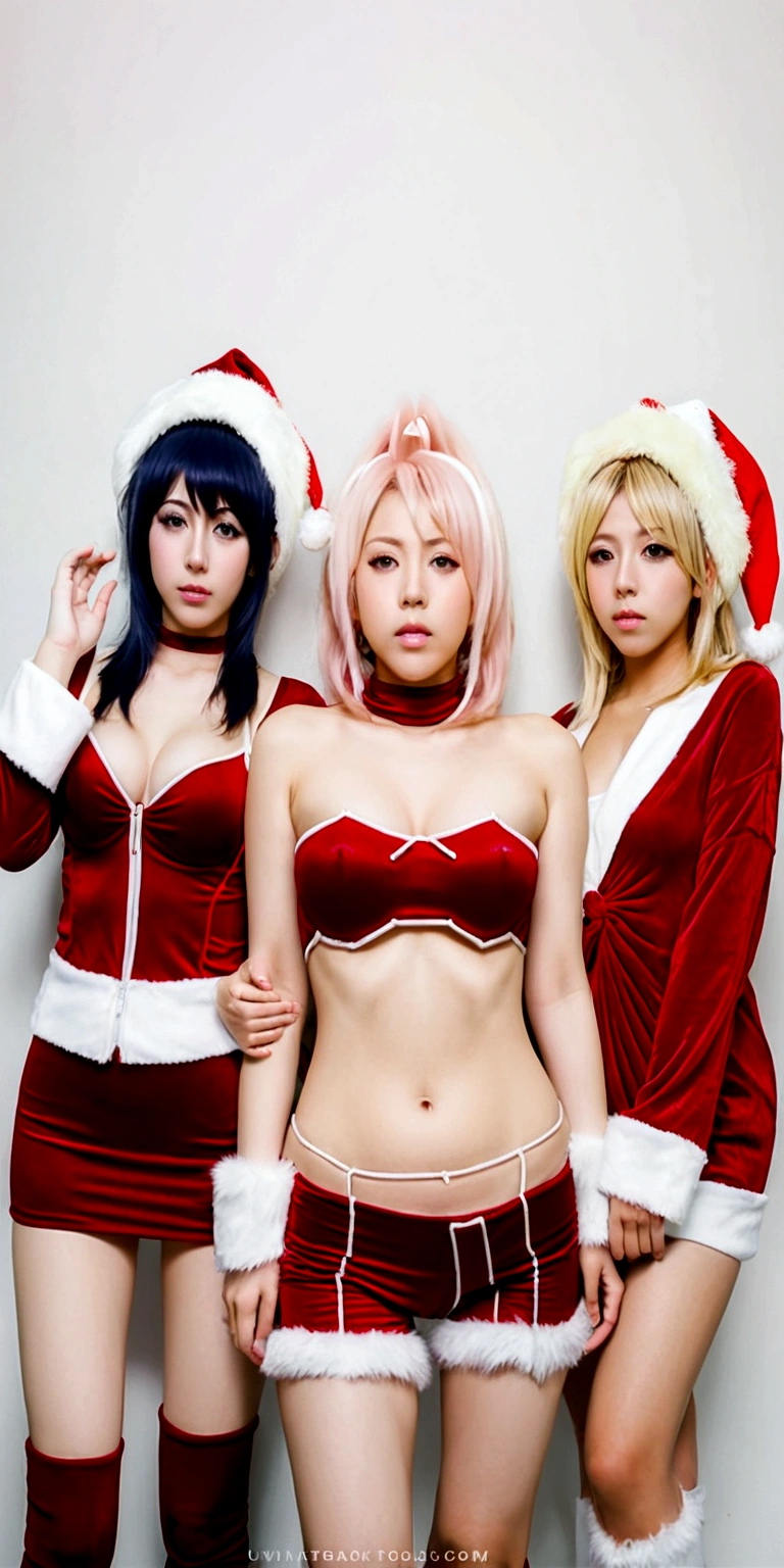 High quality. Triplets. Three of them. Full body photo. Nude. Naked. Large breasts, light pink nipples. Very pale skin. Tall. Black hair, long hair, bangs. Cute. Beautiful. Not ugly.