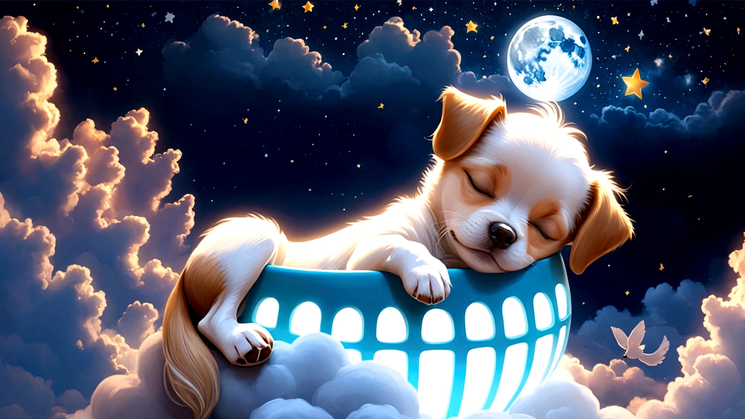 cute little dog sleeping in the clouds
