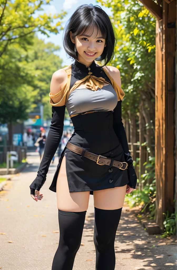 (8K、Raw photography、Highest quality、masterpiece:1.2),(Black Hair、Dark Eyes:1.9),(:1.6)、View your viewers,Front view,White skin,(Woman warrior:1.3)、(Tight waist:1.6)、(Clothes that accentuate the shape of the breasts:1.0)、(Big Breasts :1.3)、Slim figure、Ultra-high resolution,beautiful,beautiful fece,(One person、No background:1.9),whole bodyボディー,Japanese women,(reality的:1.37)、Photon Mapping,reality、(Baby-faced and cute: 1.2)、(Cute Smile: 1.8)、(Round face: 1.8)、Radio City、Physically Based Rendering、Depth of field rally background、photograph, (I can see your knees、Thigh close-up:1.8),(:1.6),whole body、Great quality