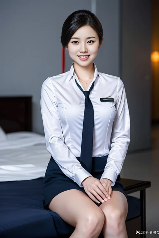 a gorgeous lady, age 21, Flight Attendant uniform, Shenzhen Airlines Stewardess, wet white shirt and pink mini-skirt, natural pose, sitting on bed, dimpled smile, short ponytail hair, short bob hair, cute snaggletooth, well-endowed round bosom, long flawless legs, photorealistic, beautiful detailed eyes, beautiful detailed face, hyper-realism, high contrast, ultra HD, realistic skin textures, top image quality, top-quality, super high resolution, fine details, very meticulously, full body shot, dark bokeh night background